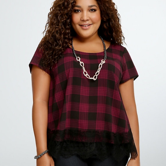 torrid Tops - Torrid Plaid Tulip Back Blouse Lace Trim Flowy 4X